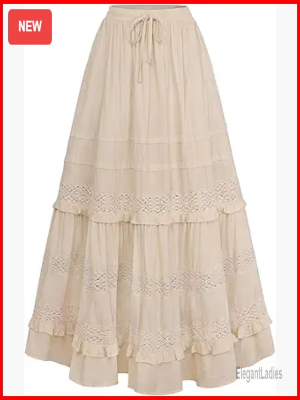 Maxi Skirt with Pockets, Tiered Flowy A-Line, Elastic Waist, Lined